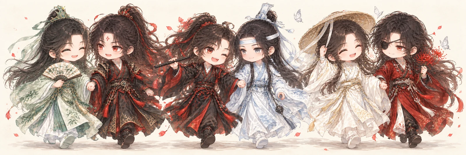 渣反(冰秋)、魔道祖师(忘羡)、天官赐福(花怜)六位角色从左到右排列的 Q 版同行小像,AI 同人插画