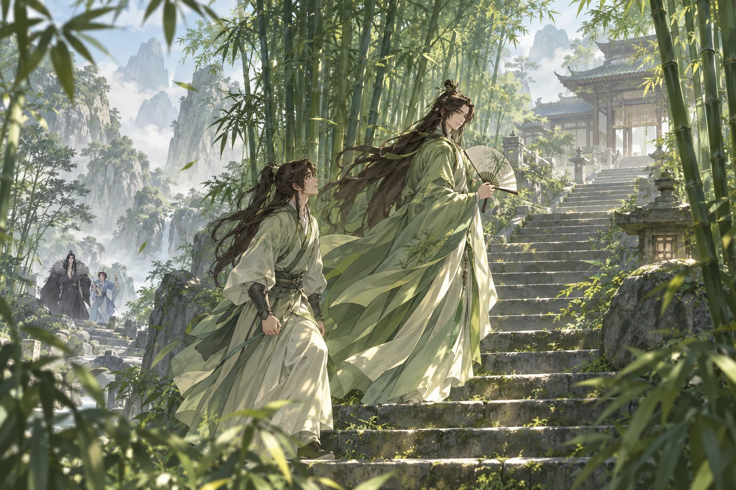 沈清秋与洛冰河在竹林石阶同行的 AI 同人插画