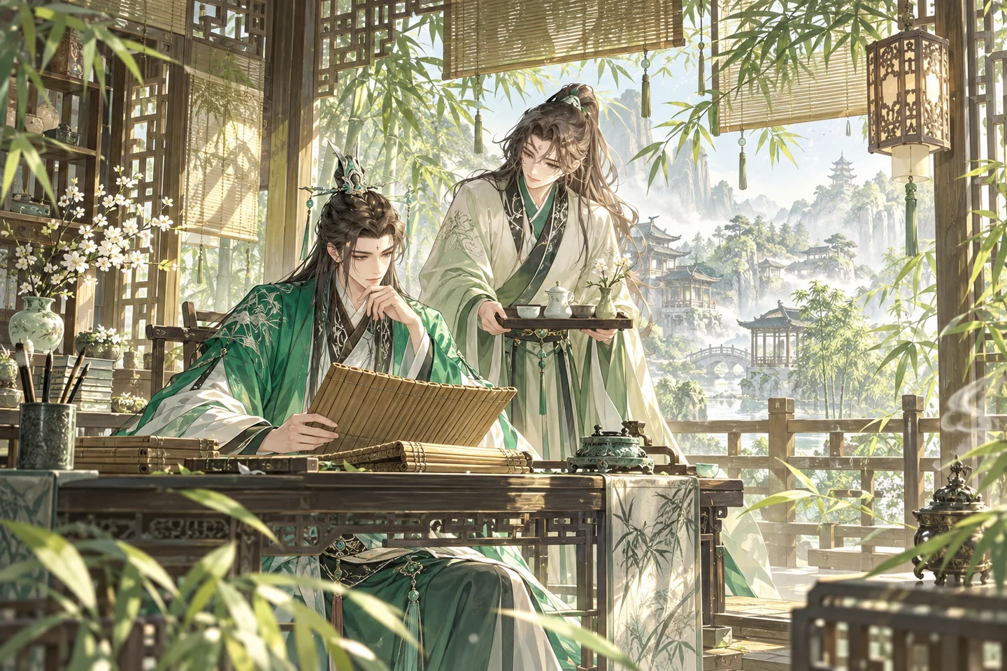 沈清秋读卷、洛冰河奉茶的清静峰竹舍 AI 同人插画