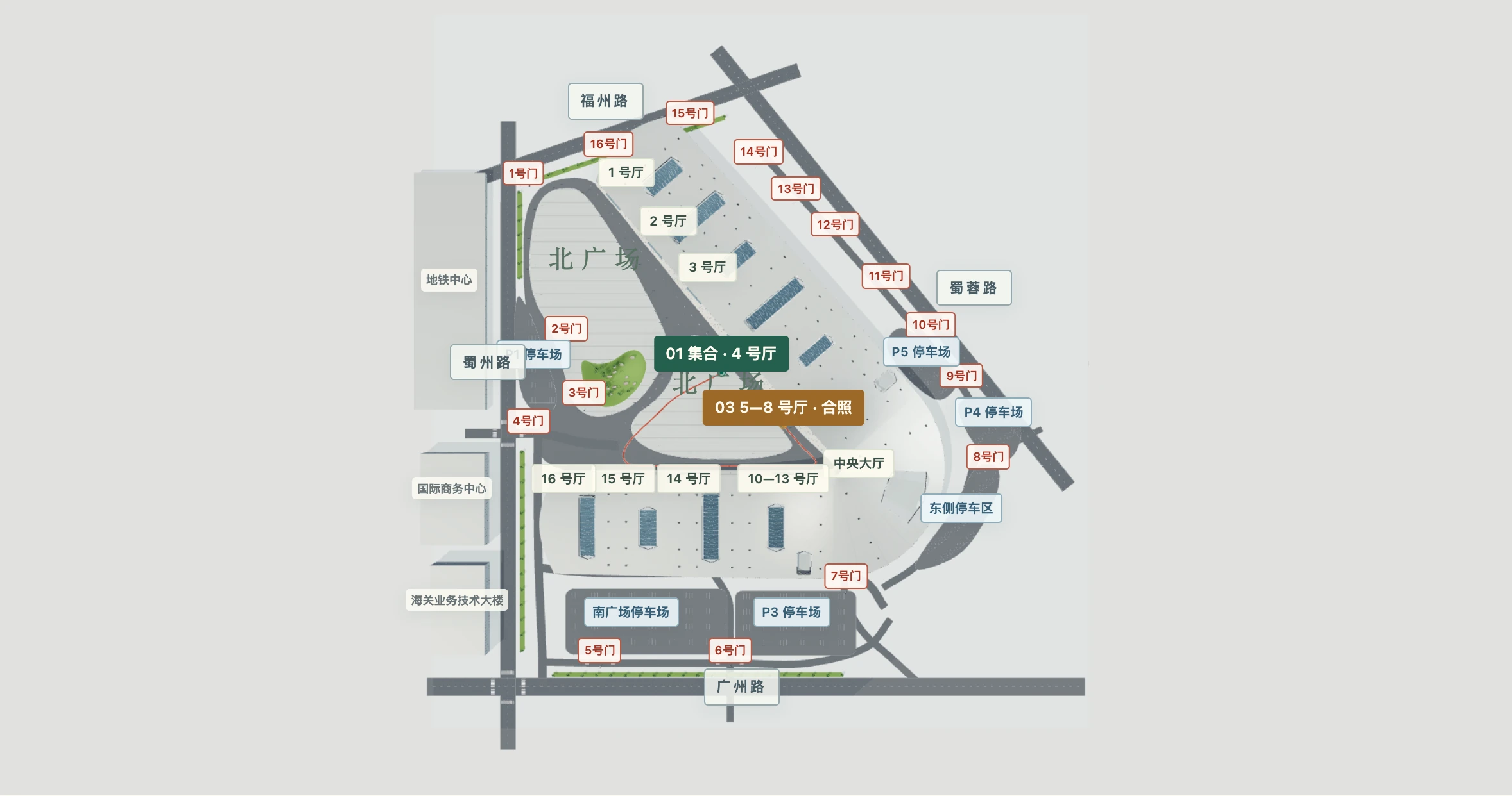 西博城路线：4号厅外出发，沿道路逆时针经过15号厅、14号厅、10—13号厅、中央大厅，最后在5—8号厅前合照、大合唱并结束