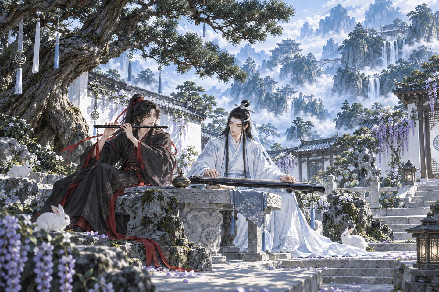 魏无羡与蓝忘机在松庭琴笛合奏的 AI 同人插画